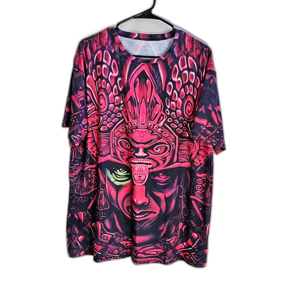 Men's Neon Pink Graphic Short Sleeve Tee with Tribal Face Motif (0057)
